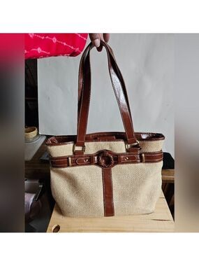 Vintage Carryland Woven Straw & Faux Leather Trim Satchel Bag